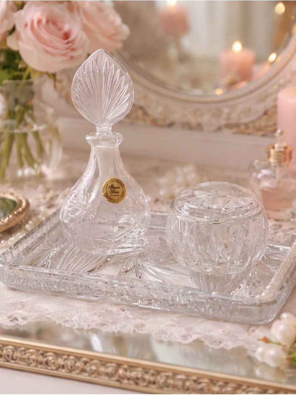 Vintage Crystal Vanity Set – Perfume Bottle, Powder Jar & Tray